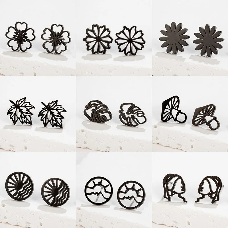 Punk Retro Black Sun Solar Maple Leaf Earrings for Women Brushroom Piercing Face Earrings for Girls Party Fashion Jewelry Gifts