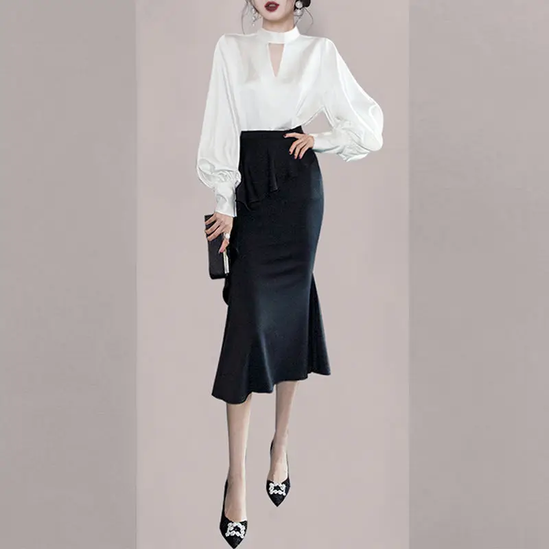 Korean Popular Personality Long-sleeved Chiffon Shirt Ruffled Skirt Two-piece Elegant Women Skirt Suit Office Manager Outfits