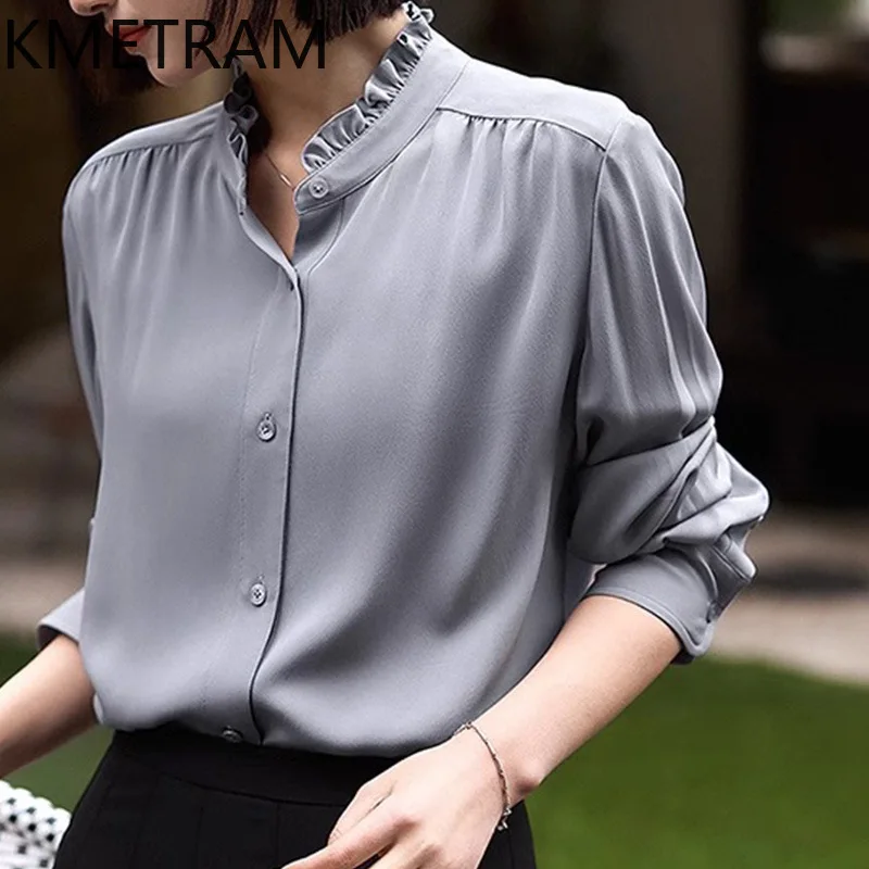 KMETRAM 100% Mulberry Silk Blouse Woman Spring Long Sleeve Tops for Woman Clothes High Quality Shirts Woman Tops Femme 2025
