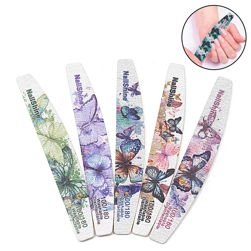 Nail File Half Moon Butterfly Double Sided Nail Polish Shape Polishing Tools Grit 100/180 Suit Personal Carentry Salon New 5Pcs