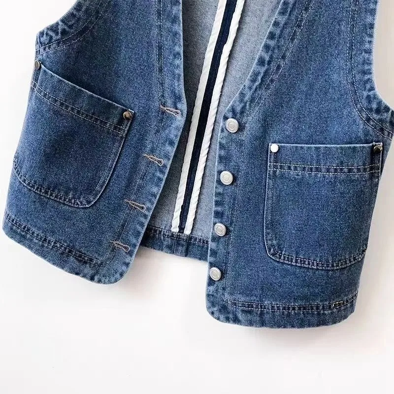 Hong Kong Version Retro Sense Denim Vest Short Style New for Spring and Fall 2024 Fallow Collarless Vest All-match Look Slimmer