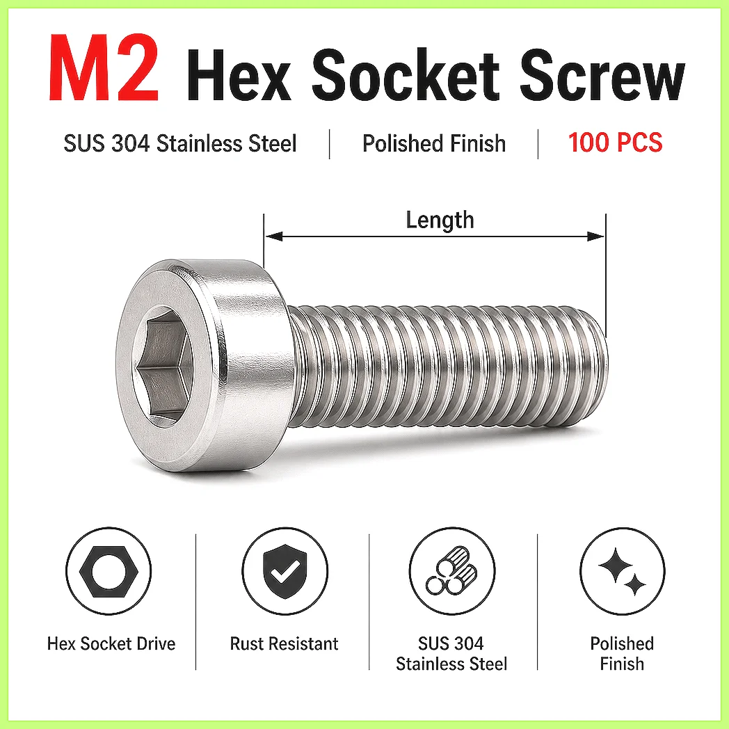 100pcs DIN912 M2 Socket Head Cap Screws A2-80 Stainless Steel Assortment Kit M2x3 to M2x25 Metric Allen Hex Bolt