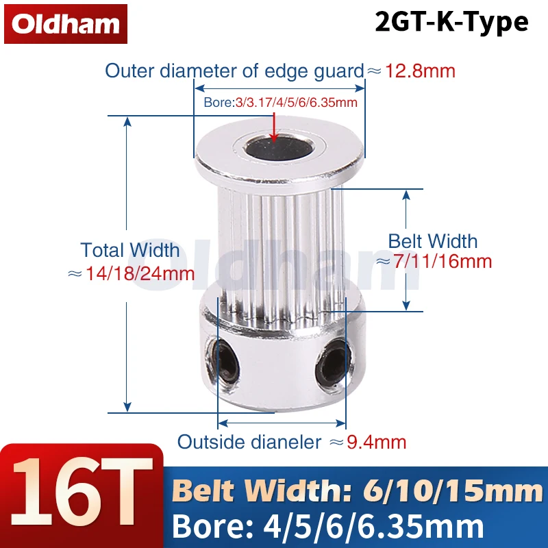 

16-зубчатый зубчатый шкив 2GT, отверстие 3/3, 17/4/5/6/6, 35 мм для открытого синхронного ремня GT2, ширина 6/10/15 мм, маленькая обратная связь, 16 Зубцов, 16т