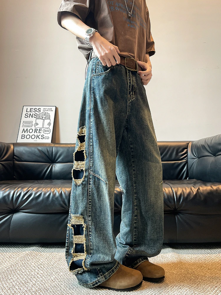 الرجعية الأمريكية خمر واسعة الساق الجينز الرجال Personali فضفاض مستقيم السراويل الطويلة الشباب العصرية الربيع عادية فضفاض صالح #5