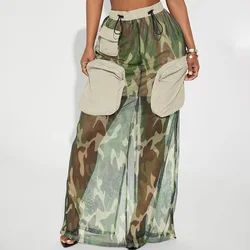 BKLD Y2k Clothing Mesh Camouflage Skirts For Woman Harajuku Fashion Streetwear Pockets Elastic Drawstring High Waist Cargo Skirt