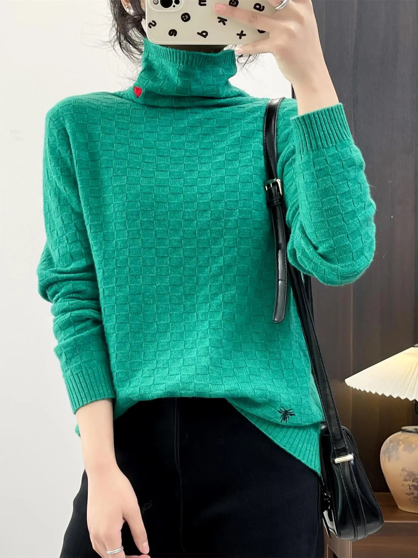 Winter Damen Langer Sve Strickpullover mit hohem Kragen, lässig, elastisch, reine Farbe, Stickerei, Baumwolle, gerade Passform, Strickoberteil