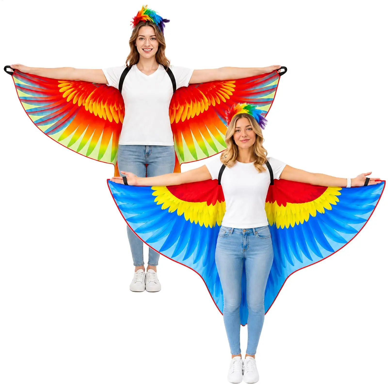 Colorful Parrot Costume W/Headpiece & Bird Wings Double-Sided Cosplay Dress-Up Clothes For Carnival Theme Parties Kids Halloween
