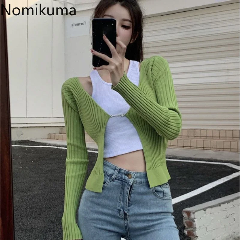 Nomikuma Sweater Autumn Winter Slim Hollow Out Contrast Color 2 Piece Knitted Women Clothing Elegant Fashion Sexy Y2k Clothes