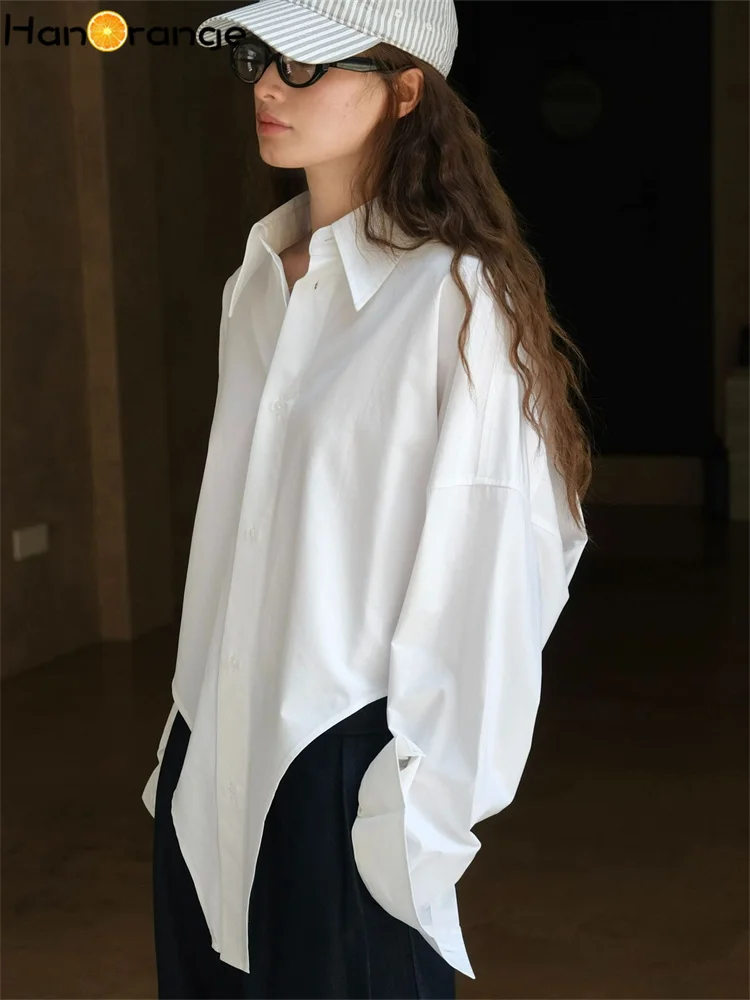 HanOrange 2024 Autumn Irregular Single Breasted Shirt Women Loose Silhouette Casual Top White/Khaki Green