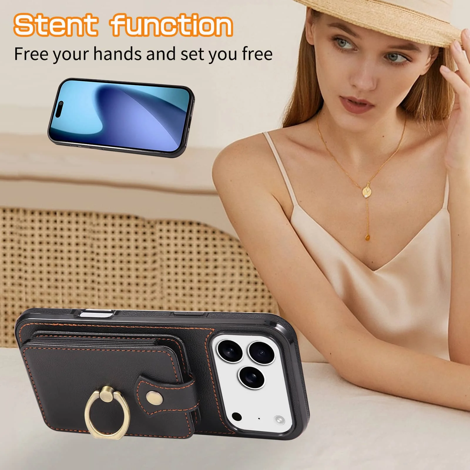 حافظة لهاتف آيفون 17 برو ماكس اير 17 برو مع حامل بطاقة، 360 ° مسند حامل حلقة الإصبع الدوار، غطاء حجب RFID #3