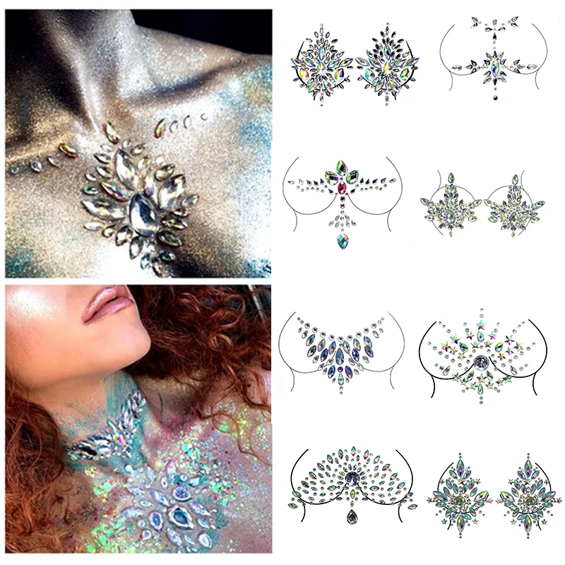 Fake Tattoo Stickers Chest Jewels Crystal Face Deco Acrylic Rhinestone