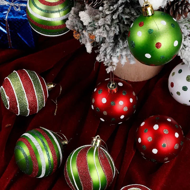 12pcs New Glittering Christmas Balls Ornament 6CM Hanging Swirl Elf Balls Red Green Plastic Candy Cane Holiday Decor