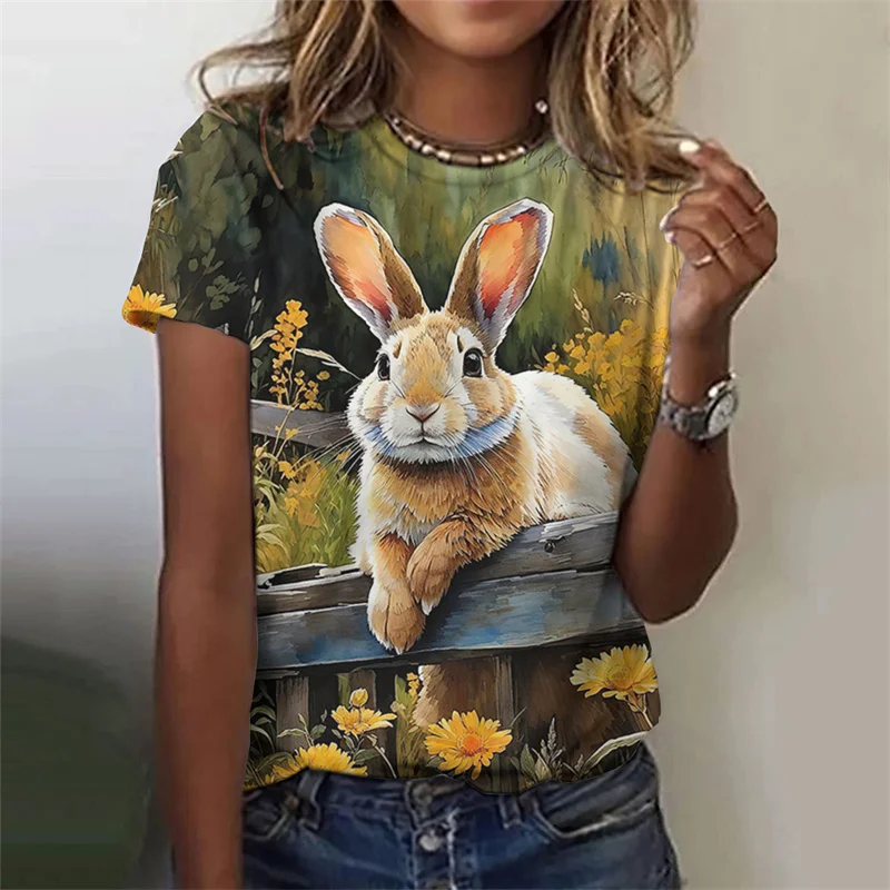 Cute Rabbit Pattern T-Shirt For Women Funny Animal 3D Printed T Shirts Summer Casual Round Neck Tops Short Sleeves Loose Tees