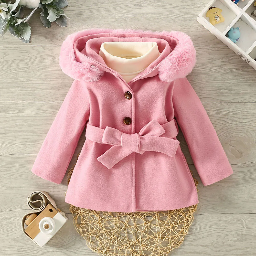 Girls' Autumn and Winter Coat Solid Color Simple Woolen Collar Waist Long Woolen Coat for Children's Clothing