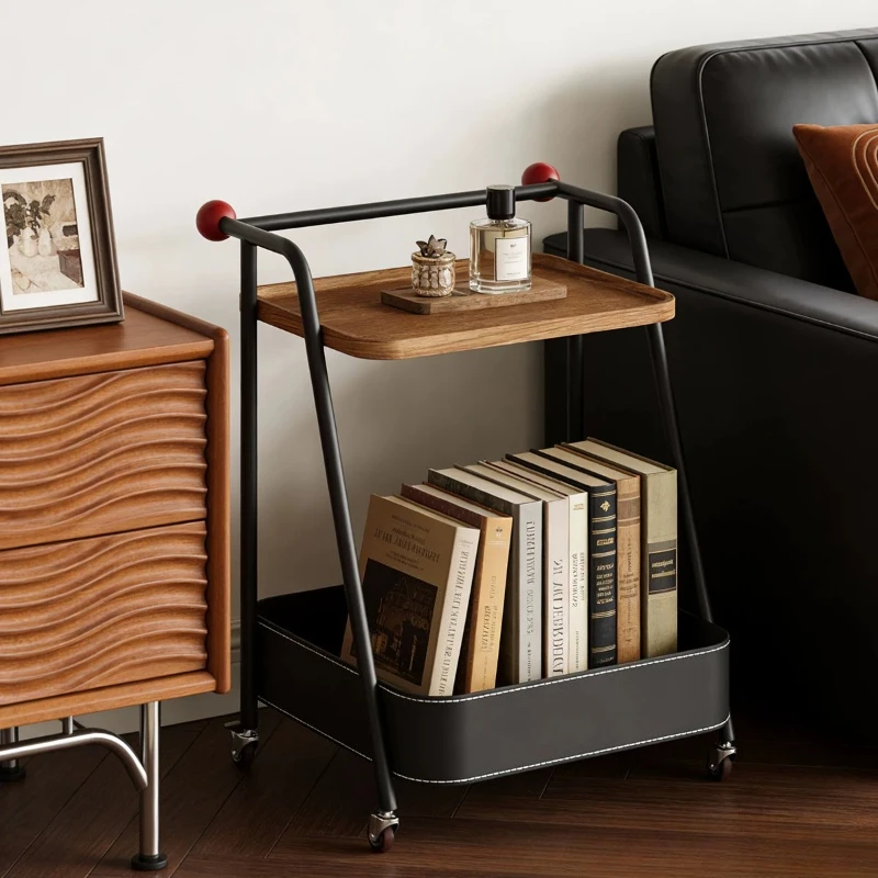 

Saddle Leather Mobile Side Tables Mid-century Designer End Table Luxury Rolling Cart Creative Movable Nightstand for Bedroom