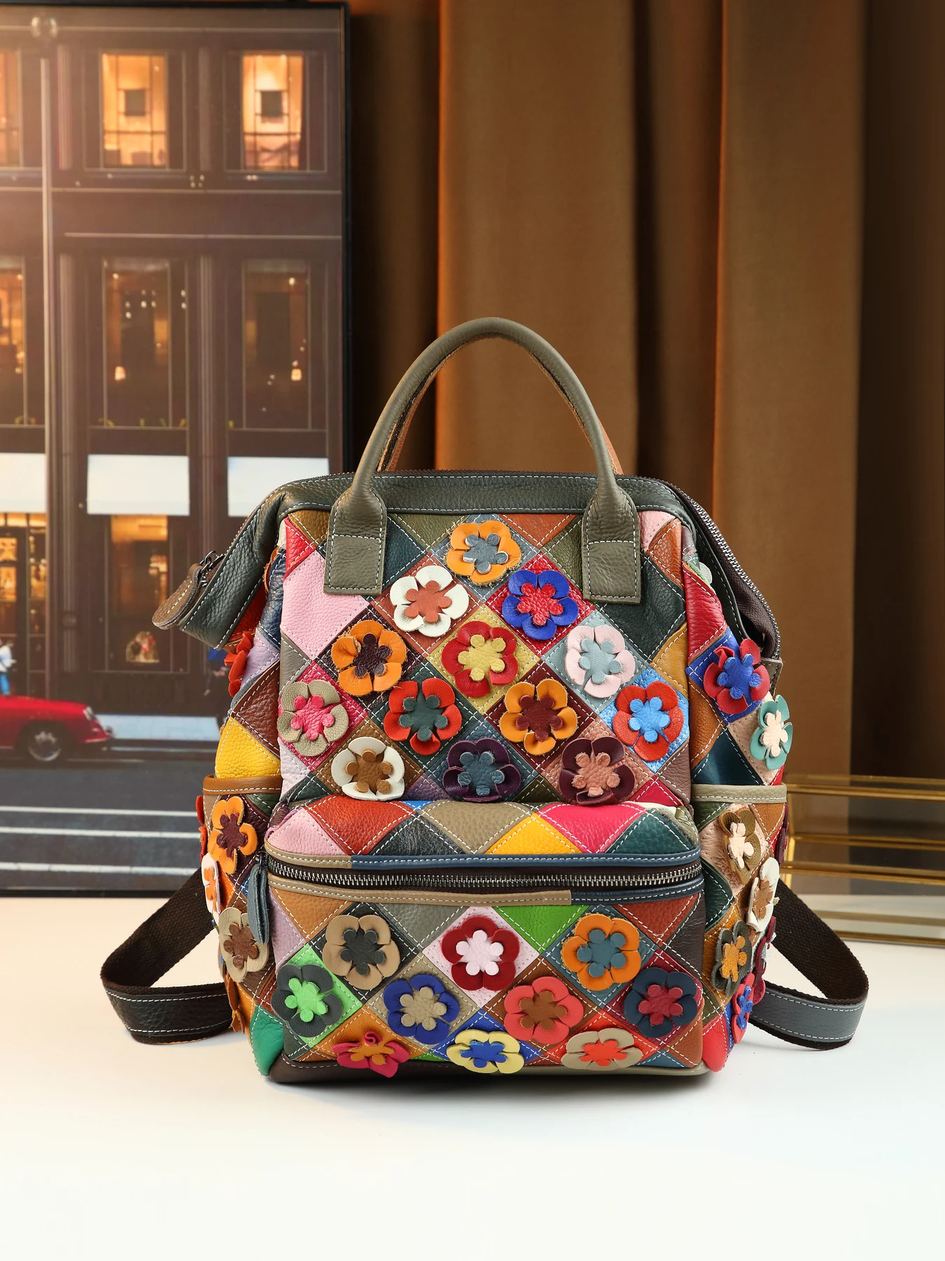Cross-border fashion bohemian leather block applique women's retro large capacity backpack