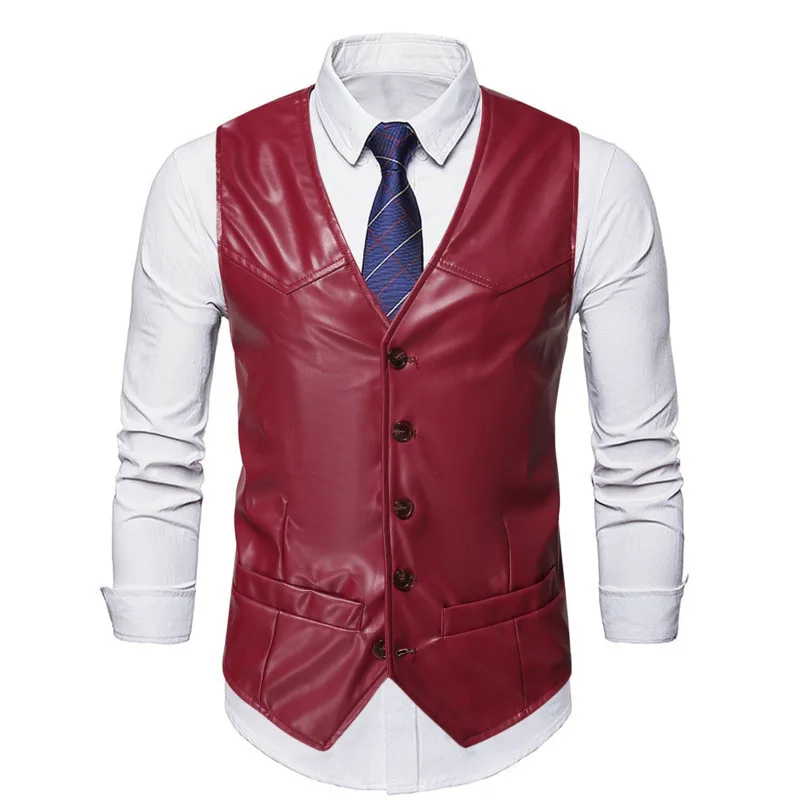 #4839 Black Red Orange Faux Leather Vest Men Slim Single Breasted Office Vest Men Sleeveless Blazer Vest Plus Size 4XL 5XL