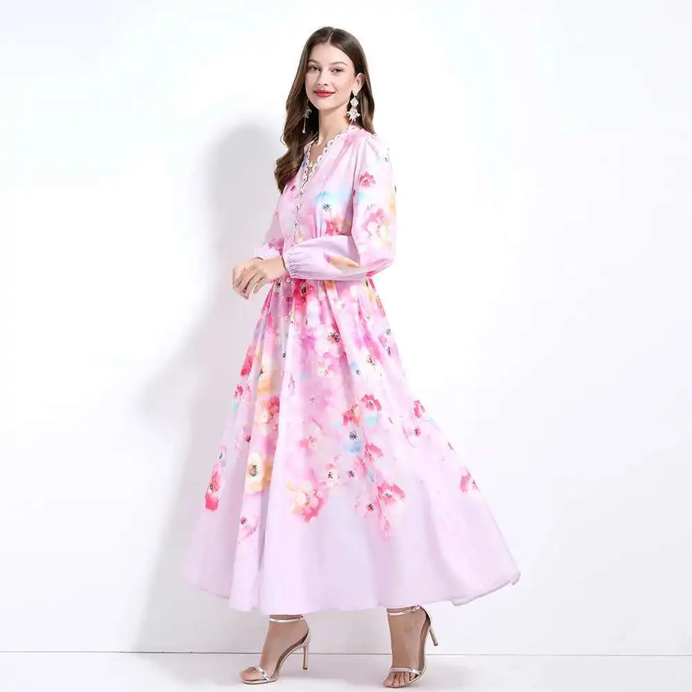 ดอกไม้ชุดยาวผู้หญิงฤดูร้อน 2025 ฤดูใบไม้ผลิเดี่ยวลูกไม้ V คอสายจีบโคมไฟแขนยาวชุด Maxi เสื้อ