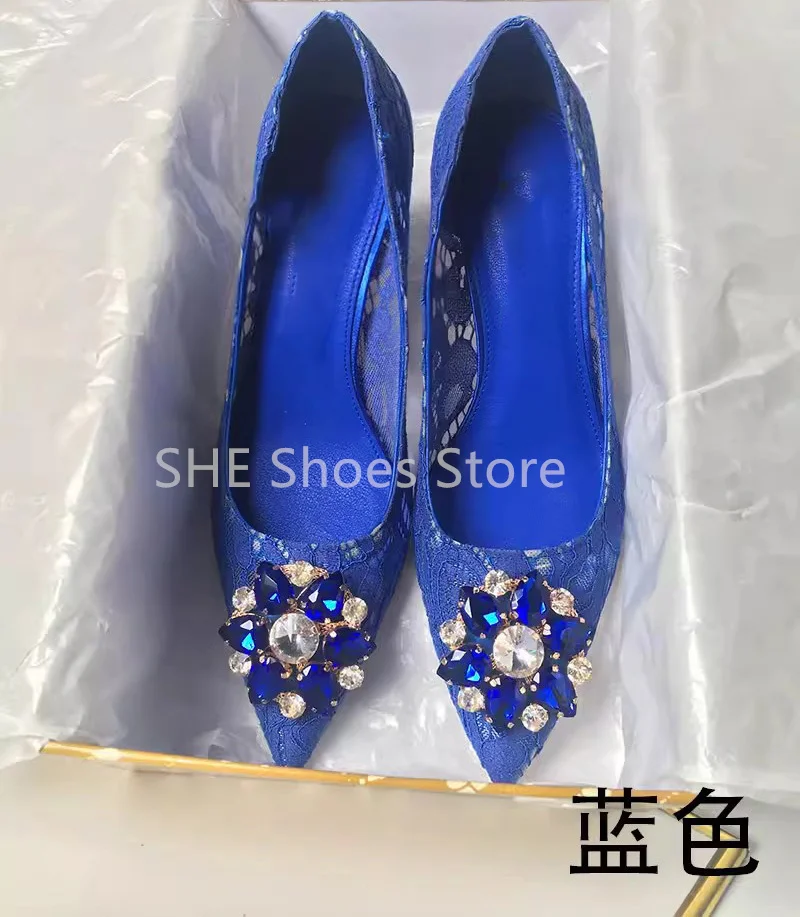 Hollow Out Lace Rhinestone Pointed Toe Thin Heel Women High Heels Fashion Catwalk Shallow Slip-On Pumps Wedding Bride Shoes