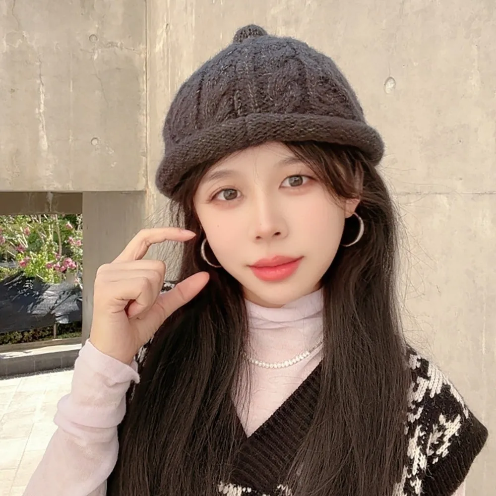 Fashion Autumn Winter Beanie Hat Turned-up Brim Solid Color Bucket Hat Warm Windproof Melon-shaped Hat for Women