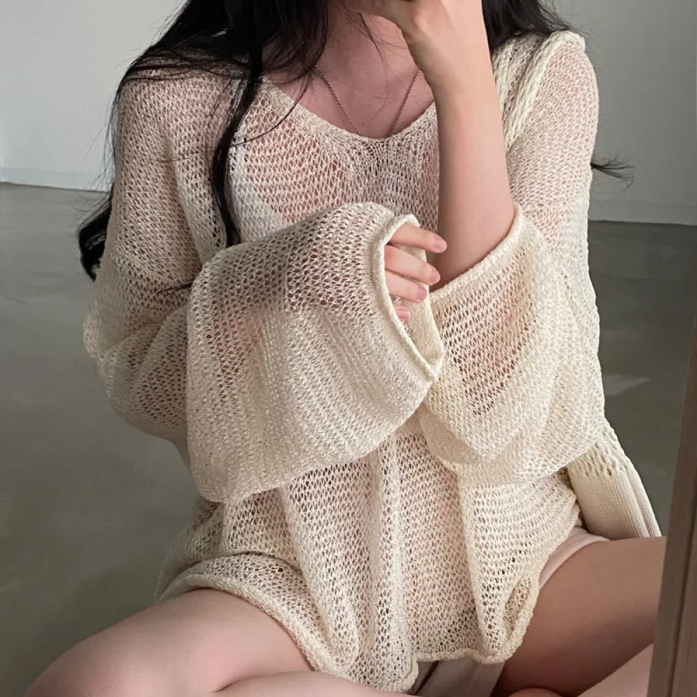 Loose Women Hollow Out Knitted Shirt Summer Sunscreen Long Sleeve Korean Sweet Style Breathable Thin Beach Sweater Top