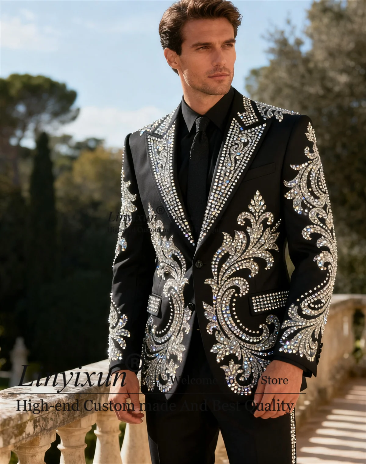 

High End Rhinestone Gem Wedding Suits For Men 2 Pieces Sets Groom Peaked Lapel Blazers Customized Slim Fit Tuxedos Ropa homre