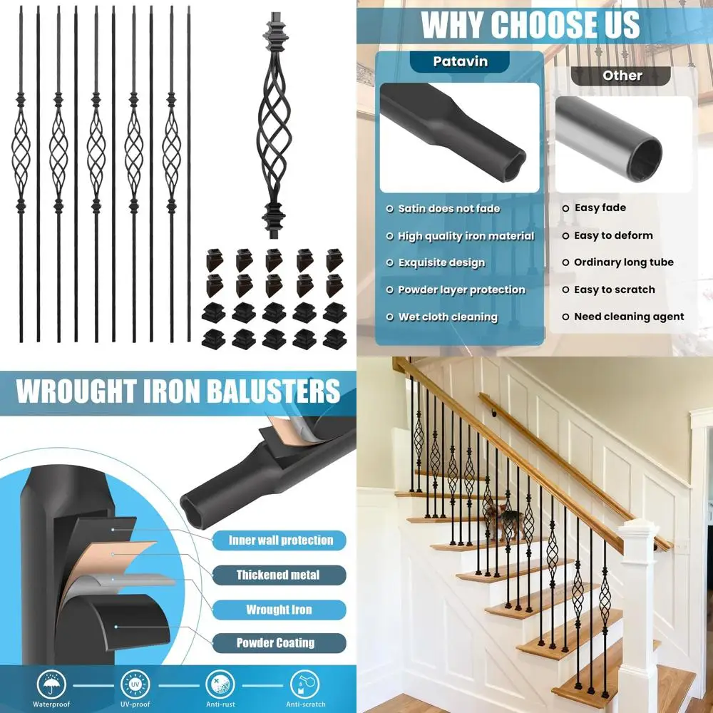 

10 Pack Staircase Iron Balusters - 1/2 Hollow Square Metal Spindles with Elegant Basket Design, Including 10 Lat Shoes & 10 Angl
