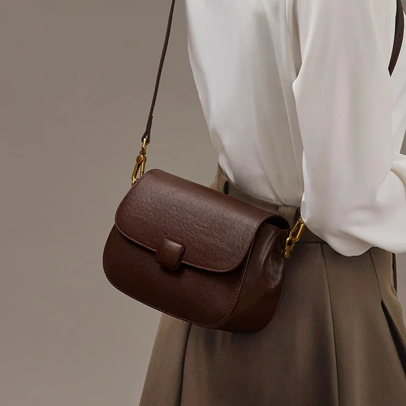 Genuine Leather Womens Shoulder Bag New Fashion Versatile Retro Saddle Bag Women Small Square Bag Genuine Leather Crossbody Bag