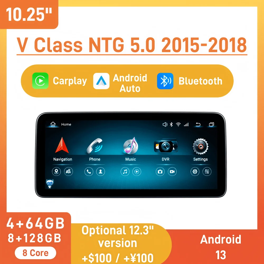 NTG5.0 2015-2018 10.25 Inch Car Screen For Mercedes Benz V Class Carplay Android Auto 8 Core 4+64G 8+128G Optional 12.3''