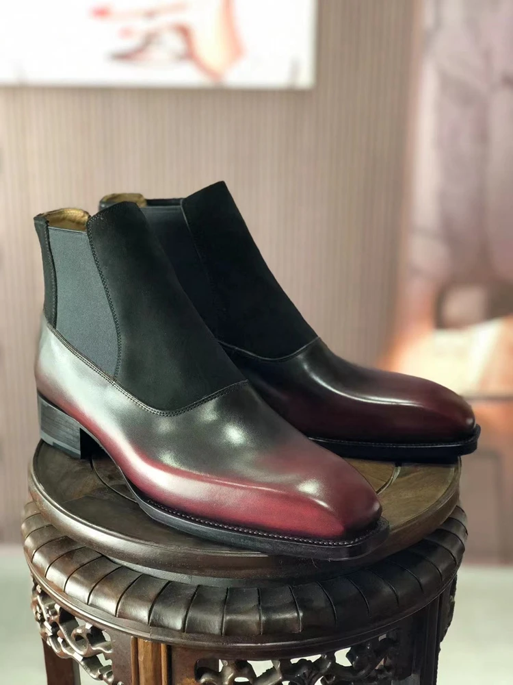 Cie Hand-Painted Wine Chelsea Beveled Waist/Fiddle-back Ankle Boots Leather Sole Men High Quality Can Custom Color MA18