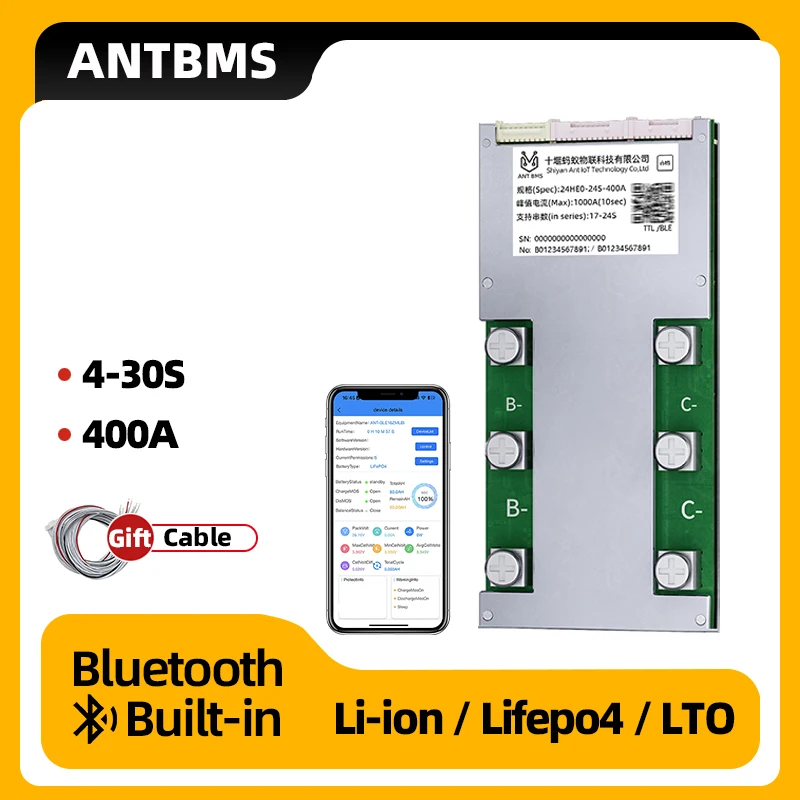 

Smart ANT BMS 4S 7S 8S 16S 17S 20S 21S 24S 30S Continuous 400A Peak 1000A Li-ion Lifepo4 LTO Battery 24V 60V 72V Balance Board