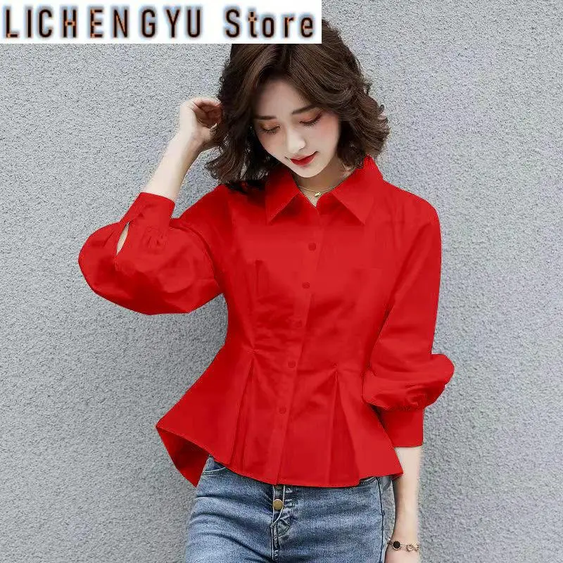

Stylish Lapel Button Spliced All-match Folds Lantern Sleeve Shirt Women's Clothing Autumn New Casual Tops Loose Chic Blouse
