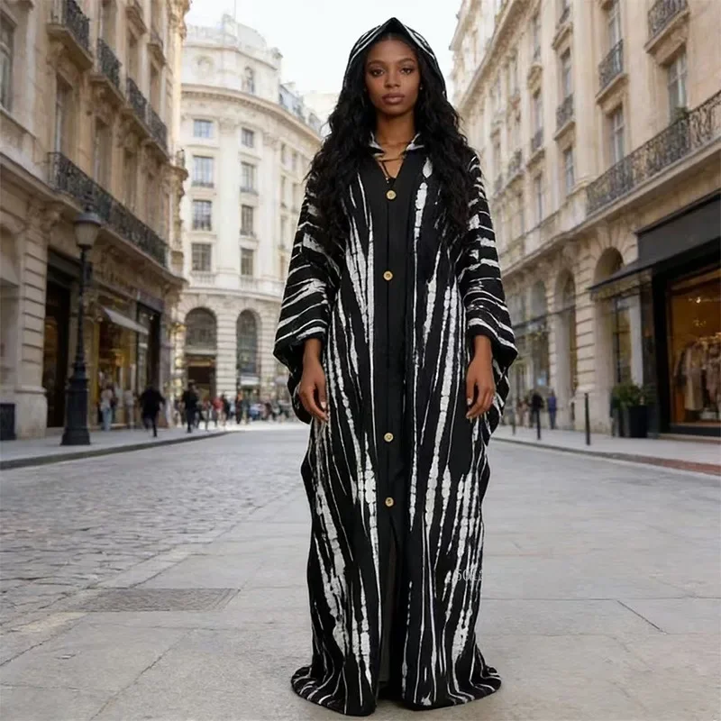 African Women's Large Size Fashion Print Button Dress with Long Sleeves Attached Long Skirt And Headscarf Set Dubai Style 2026