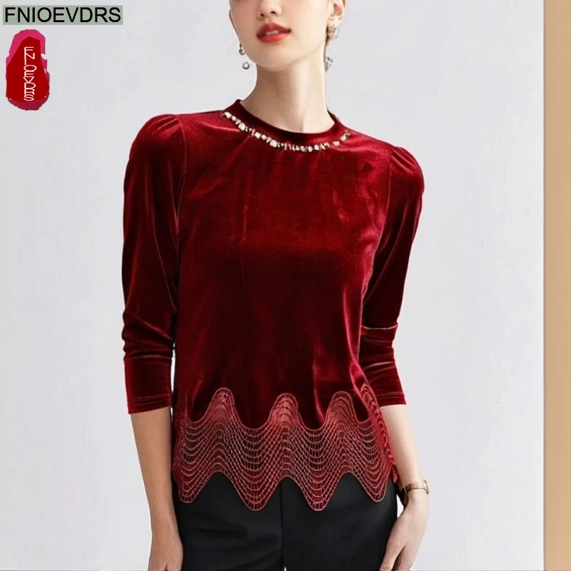 

Черные бархатные топы Блузки Новая мода для женщин Осенние рубашки с длинным рукавом и v-образным вырезом Черные кружевные блестящие топы из бисера Базовые вязаные рубашки крючком
