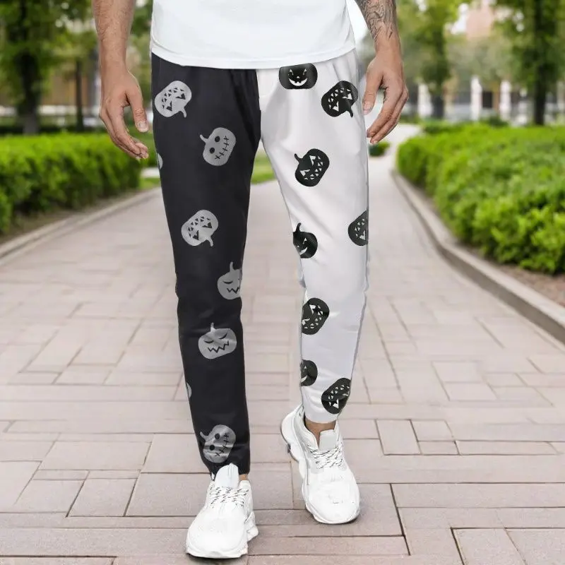 

Y2K Мужская одежда на Хэллоуин Уличная одежда Черно-белые лоскутные брюки-карго Мужские спортивные штаны в стиле хип-хоп с принтом тыквы Брюки Длинные брюки