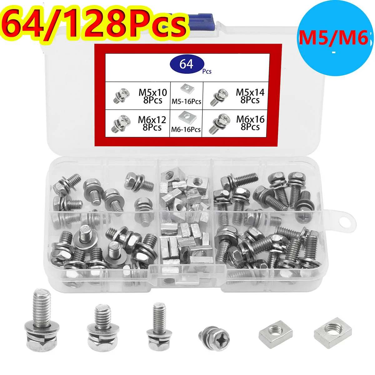

64/128 шт. M5x10/14 M6x12/16 из нержавеющей стали, наборы болтов с клеммой и гайкой для мотоцикла, комплект винтов с квадратной гайкой для ATV, велосипеда, скутера