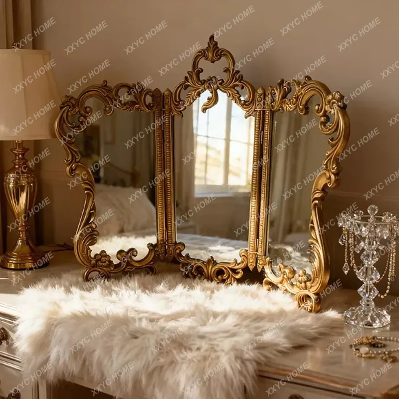XX Retro Makeup Mirror Carved Three-fold Vanity Mirror Desktop Special-shaped Decorative Three-sided Mirror