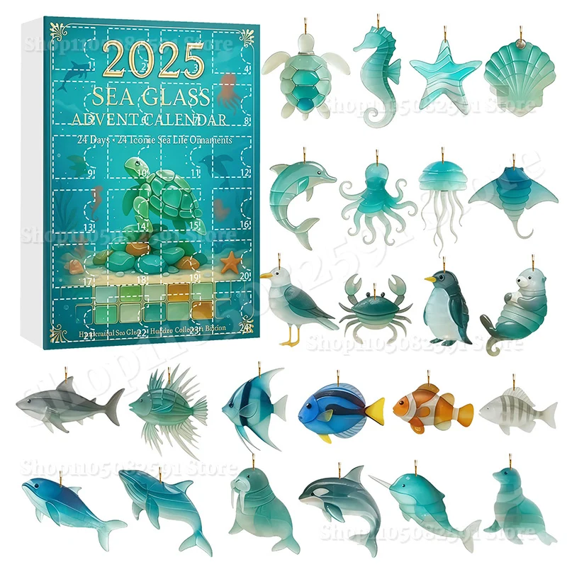 

Christmas Advent Calendar Sea Glass 24pcs Marine Animal Pendant Marine Life Lovers Gifts Surprise Christmas Countdown Home Decor