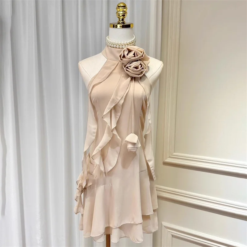 Abito da donna Nuovo mini abito floreale 3D per l'estate 2025 Abiti corti asimmetrici con scollo slim e abiti da festa senza schienale y2k