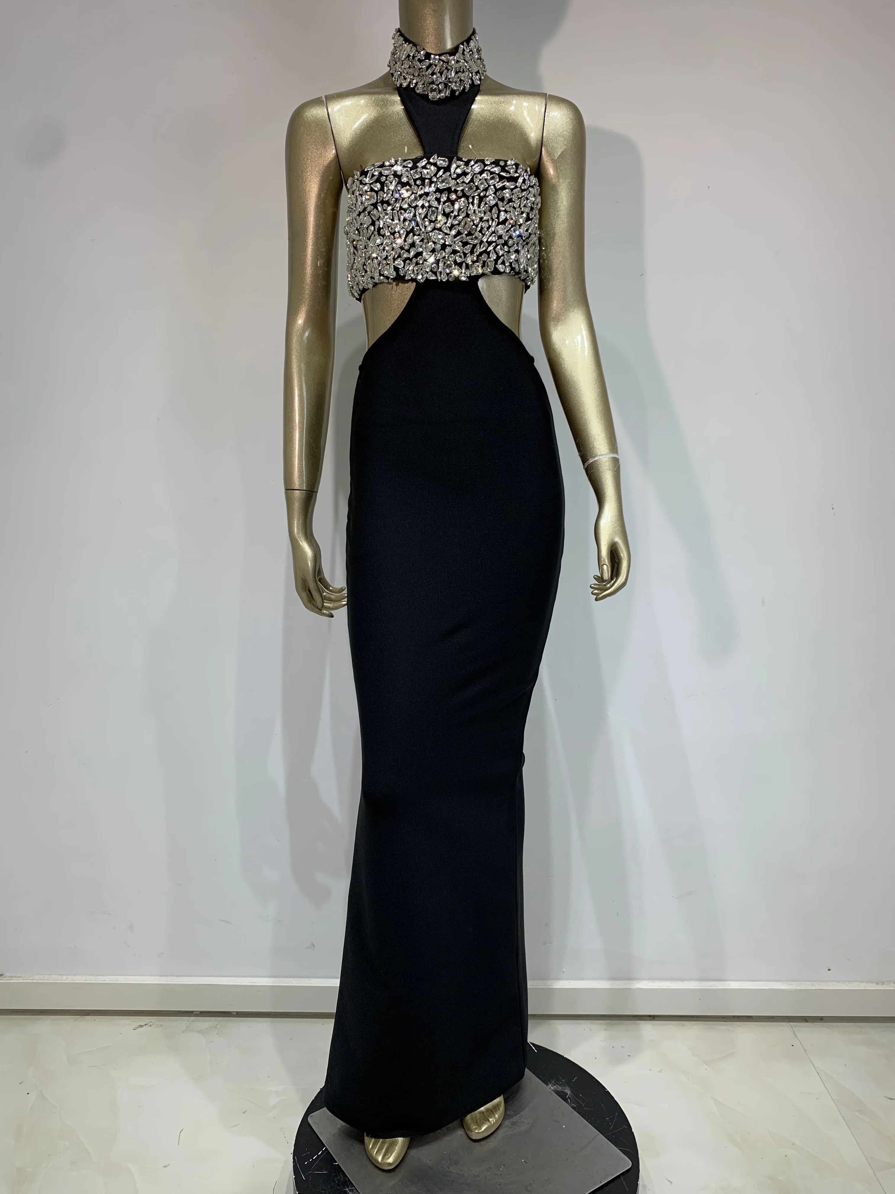 Women Celebrity Sexy Halter Beading Crystal Black Maxi Long Bodycon Bandage Dress 2025 Elegant Evening Club Party Dress