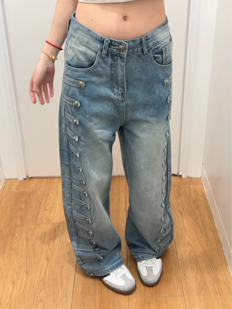 Loose Fit American Retro Court Design Women's Jeans High Waist Wide Leg Pants Personality Style Casual Wear Durable Denim