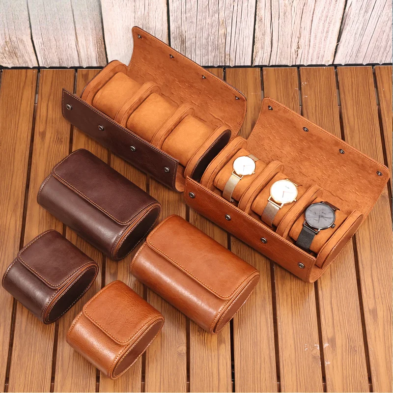 Superior leather high-end handmade watch case, portable travel jewelry box, dust-proof retro watch storage bag