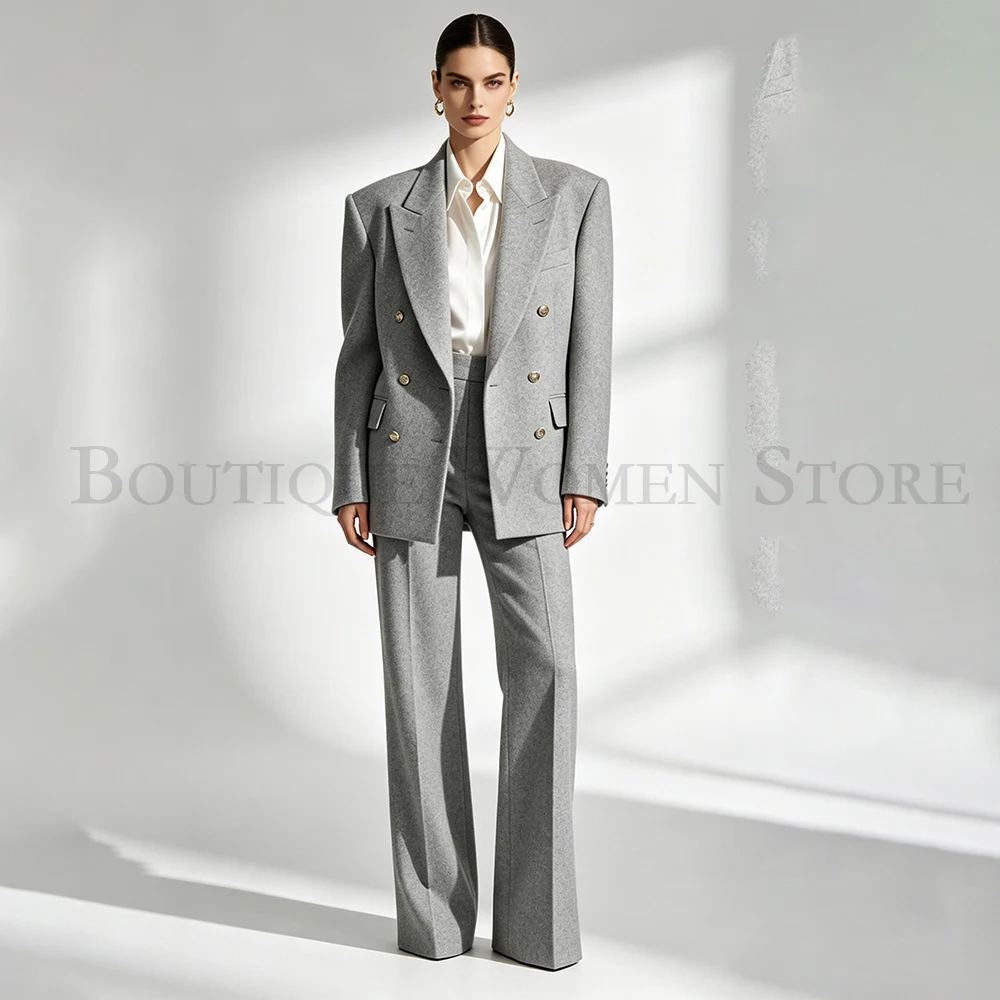 High Quality Grey Women's Suits Straight Double Breasted Office Lady 2 Piece Jacket Pants Sets Fashion Female Clothing
