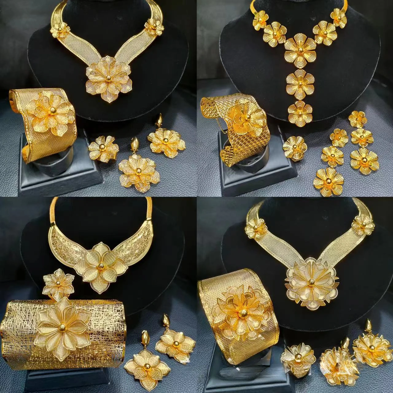 طقم مجوهرات دبي للعروس ، لون ذهبي ، مجوف ، شبكة رفيعة ، سوار كبير ، مجوهرات زهور ، هدايا ذهبية اللون