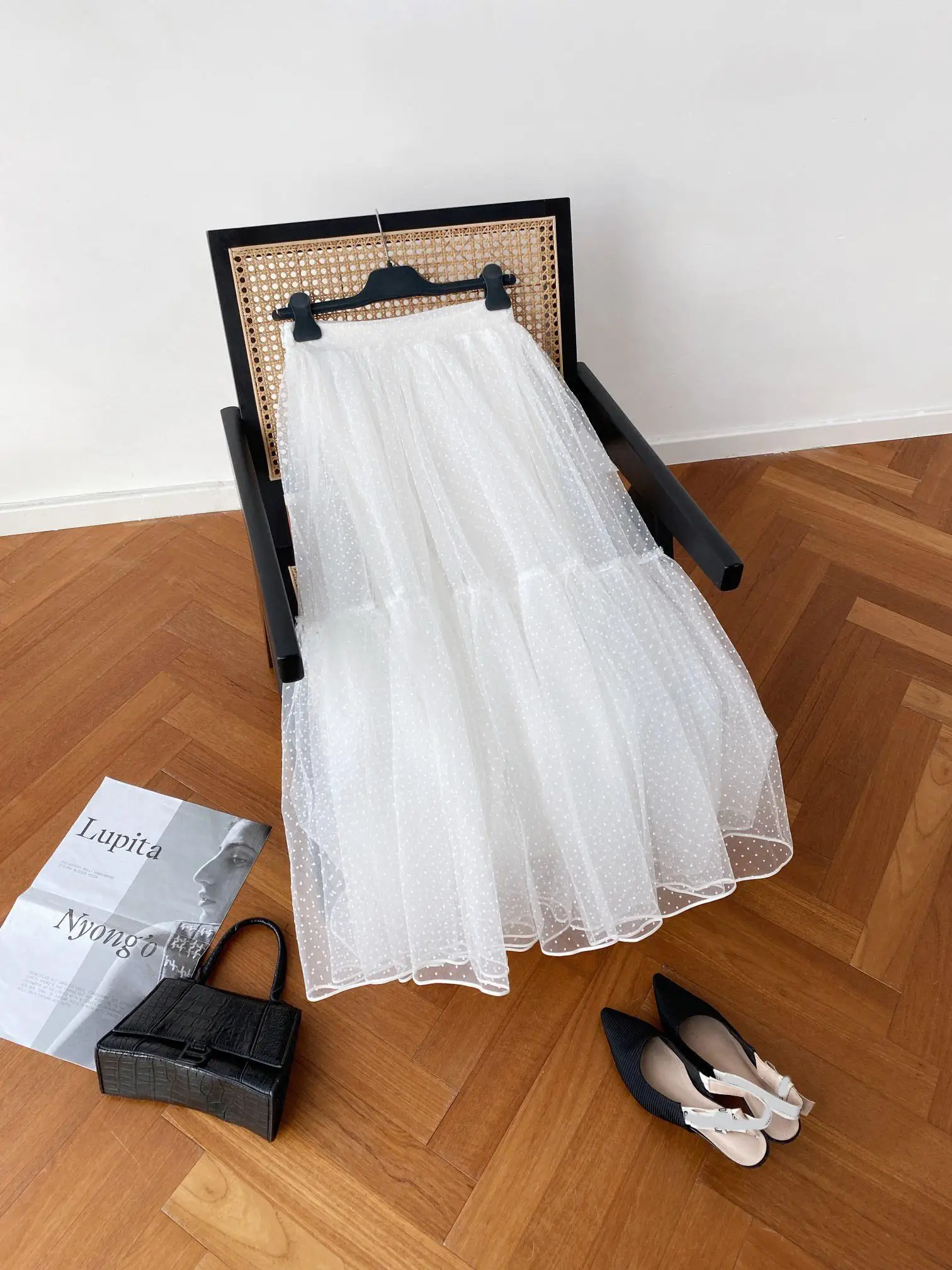 

Юбка-миди трапециевидной формы с высокой талией в горошек, женская кружевная юбка f-длины, универсальная весенне-летняя юбка для поездок на работу