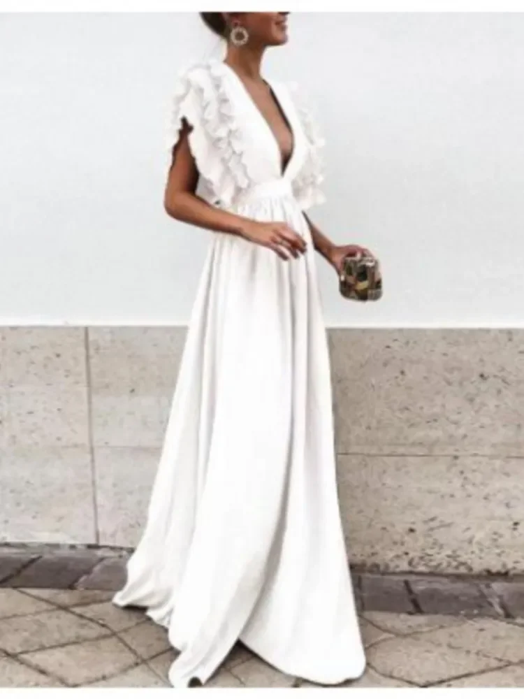 Vestido Sexy con escote en V profundo y espalda descubierta para mujer, vestido rojo a la moda con manga voladora y cintura alta, vestido elegante de fiesta de noche