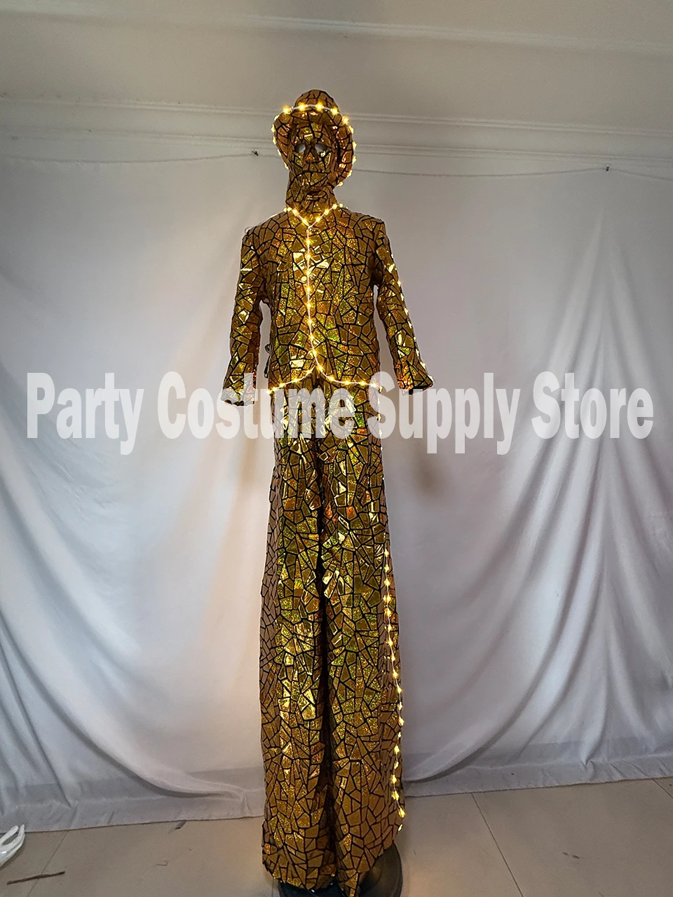 Costume da trampoli con paillettes a specchio LED: vestito da robot walker per spettacoli teatrali, eventi DJ