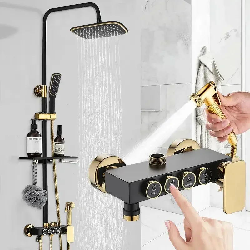 Deao Badezimmer Gold Bad Luxus Dusche Kit 4 Funktionen Klavier Messing Dusche Set Thermostat für Hotel