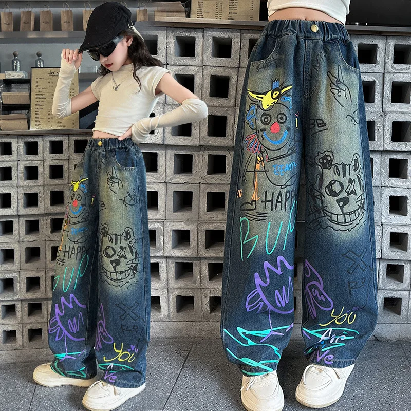 Kids Jeans for Girls Fashion Graffiti Dyeing 2024 Spring Autumn Hot Sales Teenager Unique Wide Leg Pants Korean Style Trousers