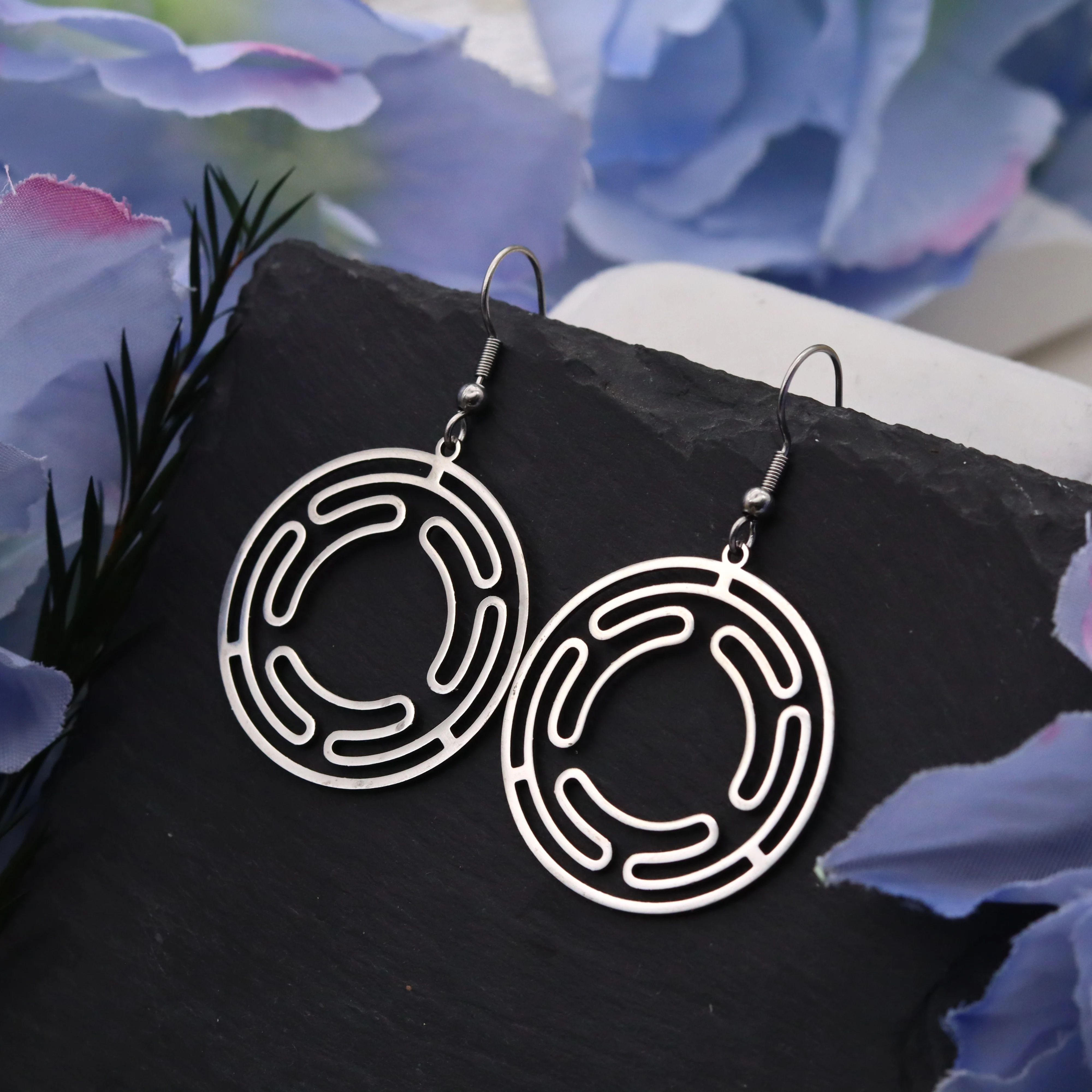 Chandler Hekate Wheel Dangle Earrings Stainless Steel Triple Moon Strophalos Hecate Goddess Femme Wiccan Magic Amulet Jewelry